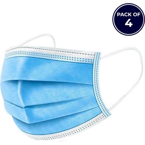 Dapetz ® Disposable Face Masks 3 Ply Triple Layer Dustproof Mouth Nose Cover Breathable Resistant Comfortable Elastic Ear Loops Men Women One Size Fits All Blue 4PCS (1/5)