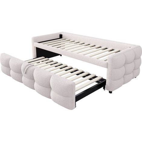 Letto imbottito estensibile 90/180 x 190 cm in tessuto Teddy beige con rete a doghe, senza materasso (1/5)