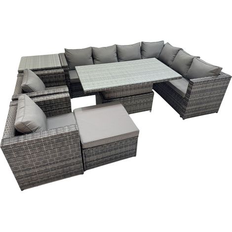 Fimous 9 Seater Rattan Height Adjustable Rising Lifting Table Corner Sofa Sets with 2 Chairs Big Stool Side Table Dark Grey Mixed (1/5)