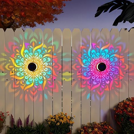 2-pack solcellsdrivna Mandala-projektorvägglampor, vattentäta metallstaketlampor, dekorativa utomhuslampor, utomhusdekoration för trädgård, uteplats, bakgård, innergård (1/3)