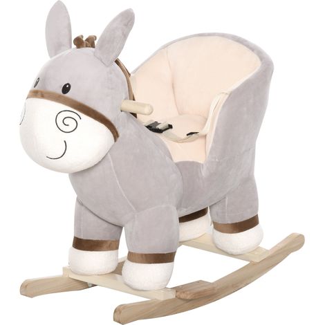Cheval à bascule pour enfants de 18 à 36 mois, cheval à bascule en forme d'âne avec sons réalistes en bois de peuplier et peluche, gris (1/5)