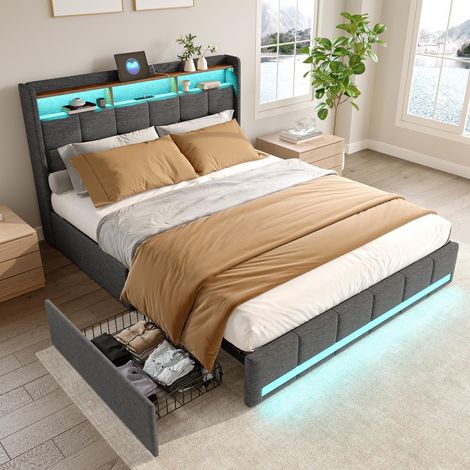 Lit adulte 140x190 avec sommier, lit 140x190 avec rangements, avec 4 tiroirs, Tête de lit ouverte avec port USB/Type-C, Bande lumineuse LED, lin - Gris
