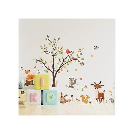 SZTXJ Tier-Wandtattoos Waldbaum-Wandaufkleber Fuchs Reh Wanddeko Kinderzimmer Babyzimmer