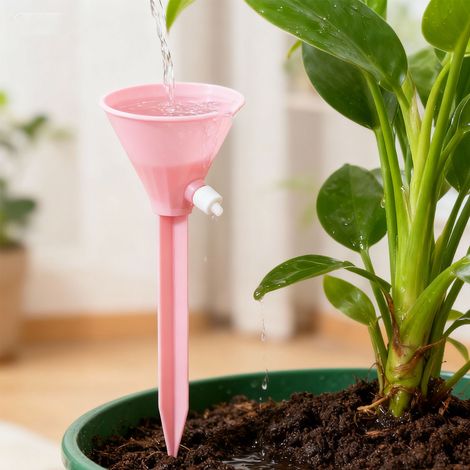 [Dispositivo de riego] Sistema de riego por goteo ajustable para plantas con regadera de jardín, modelo de plástico resistente de 18x5 cm, color rosa (1 unidad) (1/5)