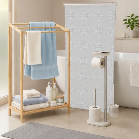 Freestanding Bathroom Storage Set (3-Piece) – Toilet Roll Holder, Shower Curtain & Bamboo Towel Rack (1/5)