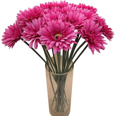 Fleurs Artificielles 12 Pièces Tige Longue 55cm Marguerites en Soie Chrysanthèmes Gerbera Faux Bouquet Mariage Déco Maison Bureau Baby Shower Centre de Table Rose Foncé (1/5)
