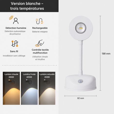 Applique murale LED sans fil rechargeable blanche SE 1200 mAh 3 couleurs blanc 1200mah réf 8408 11,5 × 9 × 9 cm 203 g – Livraison gratuite