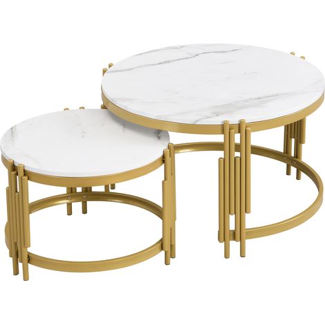 Set di tavolini da caffè modulare in effetto marmo con struttura in metallo dorato, 2 pezzi (1/5)