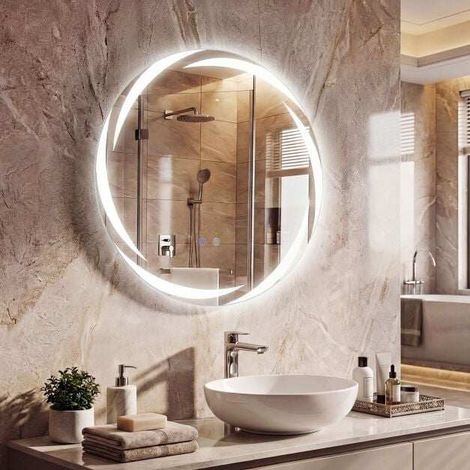 Miroir LED rond argenté mural en verre trempé avec 3 couleurs, variateur et fonction antibuée pour salle de bain et dressing (1/5)