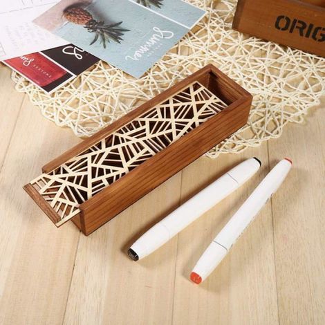 Plumier En Bois - Couvercle Coulissant - Pour Stylos Crayons Et Papeterie - 1 Pièce (1/2)