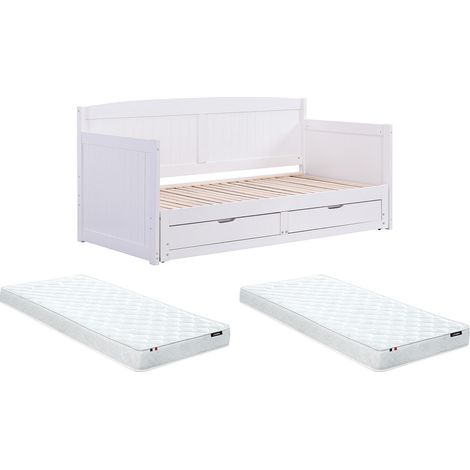 Letto divano scomparsa 90x190 o 180x190cm Con rete a pettine Cassetti Pino e MDF Bianco + Materasso - DINIVA (1/5)