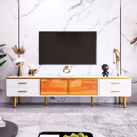 Meuble TV 170x37x47.5 cm de salon, banc TV moderne avec LED connectée et portes en verre trempé, avec 4 tiroirs texturés et pieds dorés, Blanc (1/5)