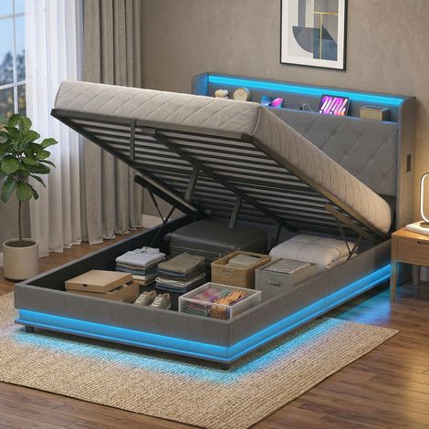 Bettgestell 140 x 200 cm mit Kopf- und Fußteil, Plattformbett mit hydraulischem Stauraum, LED-Lichtern
