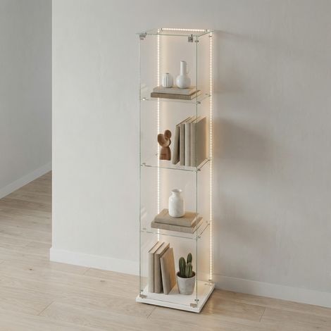 Vetrina in vetro a 4 ripiani con 1 anta, 39,8x35x163 cm, striscia LED con telecomando, mobile espositore in vetro temperato per soggiorno e collezioni, stile scandinavo, Bianco