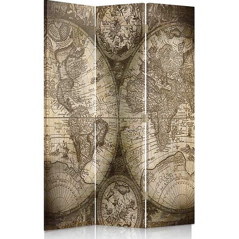 Paravent Déco Carte du Monde Vintage pour Intérieurs Chic - 110 x 180 cm - 1 face déco, 1 face noir (1/5)