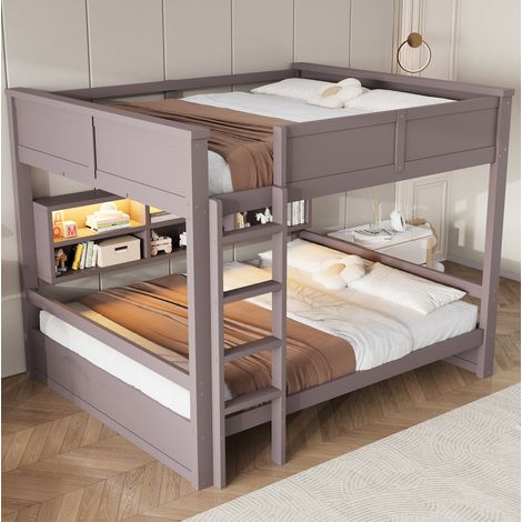 Lit superposé 140 x 200 cm en MDF marron avec 6 rangements et tête de lit LED – couchage (1/5)