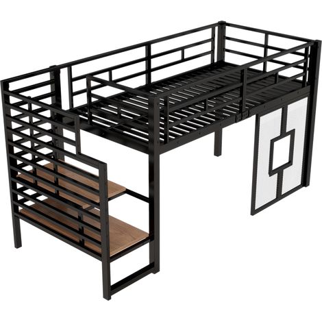 Litera alta de metal 90 x 200 cm con escalera, almacenaje, LED y ventanas, negro, HOMVRA (1/5)