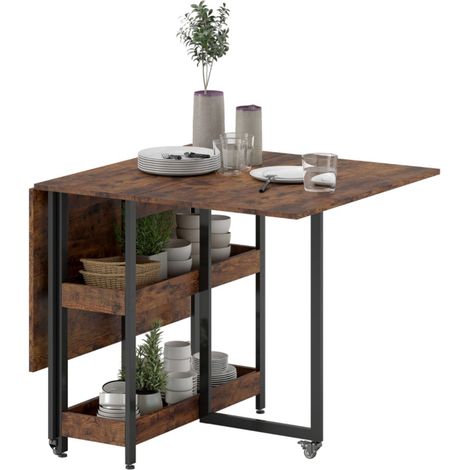 Table à manger extensible pliante 133.4x80x75cm (marron rustique) - 2 étagères, mobile, pour 2-4 personnes - Petit espace cuisine/salon (1/5)