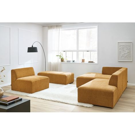BOBOCHIC - Canapé d'angle fixe modulable MEGEVE tissu texturé avec 1 chauffeuse et 1 pouf Angle gauche  Jaune (1/5)