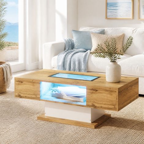 Table basse 110,2x60x39,7 cm blanc et bois avec LED, 2 tiroirs, plateau en verre MEUBLIV (1/5)