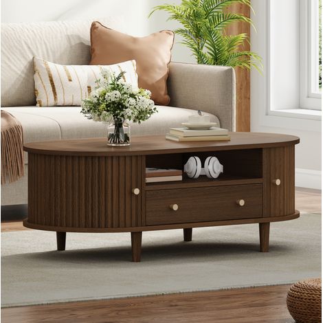 Tavolino ovale 100x50x36 cm in MDF impiallacciato noce marrone con vano portaoggetti – MEUBLIV (1/5)