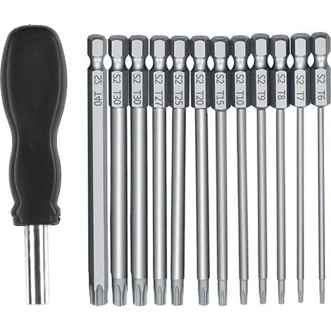 Set of 13 long 100mm Torx screwdriver bits, magnetic Torx bit set T6-T40, 6.35mm hex power screwdriver tools (1/5)