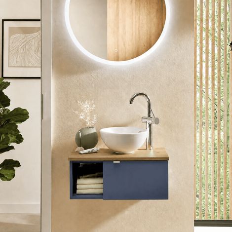 Ensemble lave-mains : meuble Iglou Azurlign 61 cm + vasque + plan + robinetterie + miroir + étagère – Bleu mat et chêne (1/5)