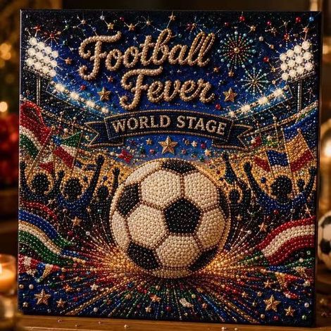 Football-themed diamond painting, World Cup decorative painting, 3D stereoscopic beaded embroidery wall hanging, creative home decoration for living room and bedroom, stadium lighting.