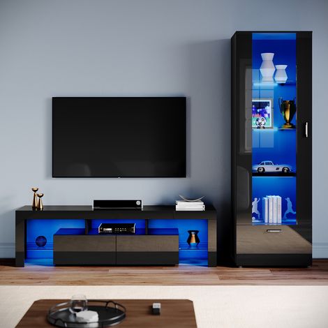 ELEGANT Living Room Set Modern High Gloss Fronts with LED Light, 1600mm TV Stand, Display Cabinet with Glass Shelf Tall Storage Cabinet, Black (1/5)