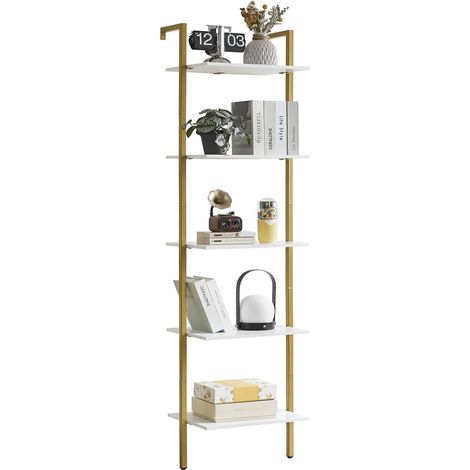 Étagère Échelle, Bibliothèque 5 Niveaux, Meuble de Rangement pour Livres, Décorations, Étagère Murale Flottante Industrielle pour Salon, Cuisine, Bureau, 40 x 30 x 178CM Blanc (1/5)