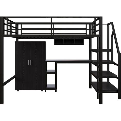 Lit mezzanine 140 x 200 cm avec armoire, étagères, escalier de rangement, bureau, noir (1/5)