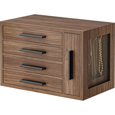 Boîte à Bijoux, Coffre à Bijoux en bois d’ingénierie avec vitrine transparente, Rangement Bijoux à 4 niveaux, pour boucles d’oreille, colliers, bagues, Noyer et Noir EBH09JB04 (1/5)