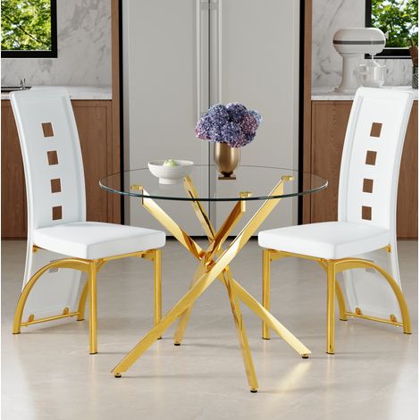 Ensemble table à manger 88 cm en verre trempé transparent, 2 chaises, pour petits espaces – MEUBLIV (1/5)