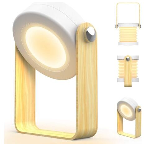 Lampe de chevet LED sans fil avec commande tactile, poignée en bois, 3 niveaux de luminosité, lampe de table tactile portable et pliable pour chambre à coucher. (1/5)
