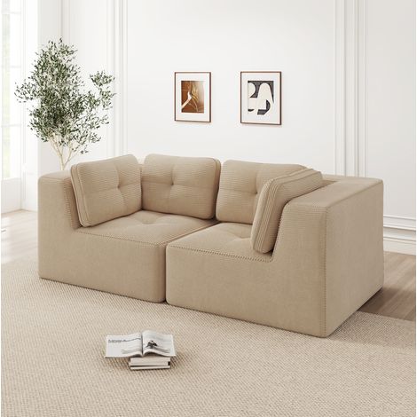 REDOM - Canapé d'angle modulaire 2 places, sans cadre, assise profonde, tissu en velours côtelé beige (1/5)