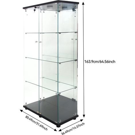 Tanant – Vitrine en verre noire autoportante avec 4 étagères et éclairage LED – Double porte en verre – Dimensions 36 x 80 x 164 cm