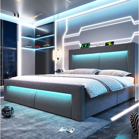 Cama doble almacenamiento LED y carga gris OKMYHOME (1/5)