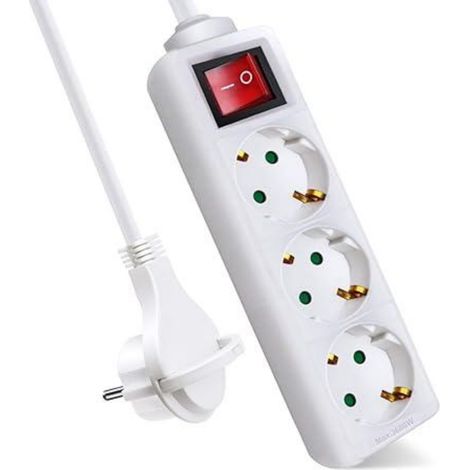 Multiprise - 3 Prises - Interrupteur Économiseur D Énergie - Pour Bureau Et Maison - Boîtier En Plastique - Câble 2 M - 16 A 3680 W IP20