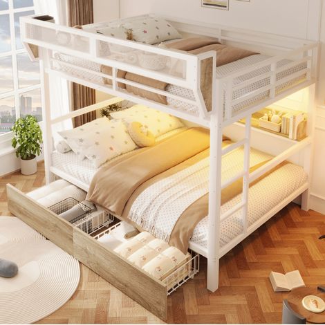 Etagenbett modern aus Metall und MDF in Weiß 140x200 cm mit Regal, 2 Schubladen, Aufbewahrungskorb und LED