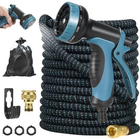 30 m langer blauer Gartenschlauch mit Hochdruck-Wasserpistole zum Abspritzen von Rasenflächen und Reinigen von Fahrzeugen (1/4)
