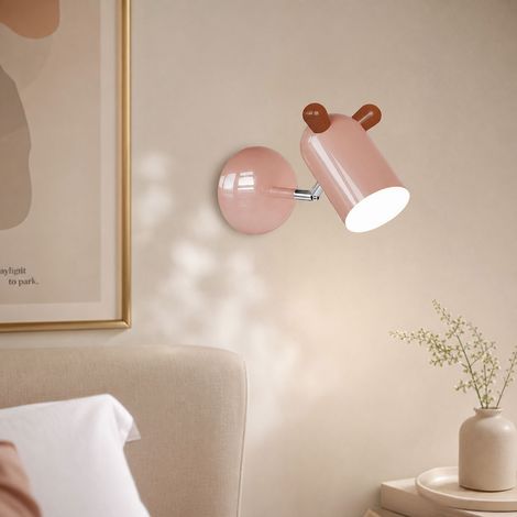 Applique murale LED ours design moderne, spectre complet anti-lumière bleue, abat-jour en acrylique, tête orientable, finition laquée rose (1/5)