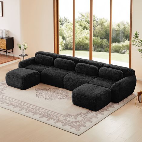Canapé panoramique en U 378x179x73 cm – Canapé modulable en peluche respirante, avec larges accoudoirs, mousse haute résilience – Noir