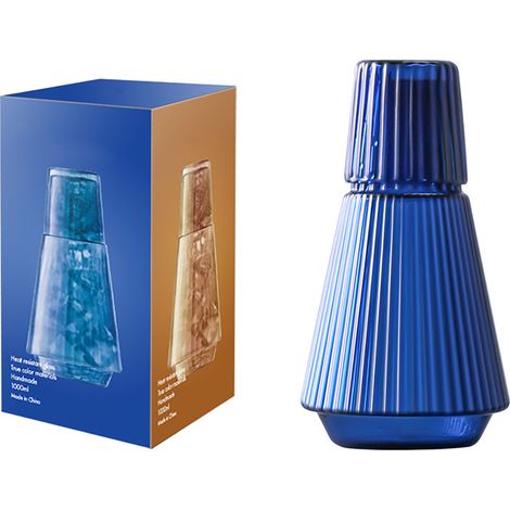 Jarra nocturna de vidrio azul resistente al calor, 1000 ml + vaso de 150 ml, para el hogar, la cama y como regalo. (1/5)