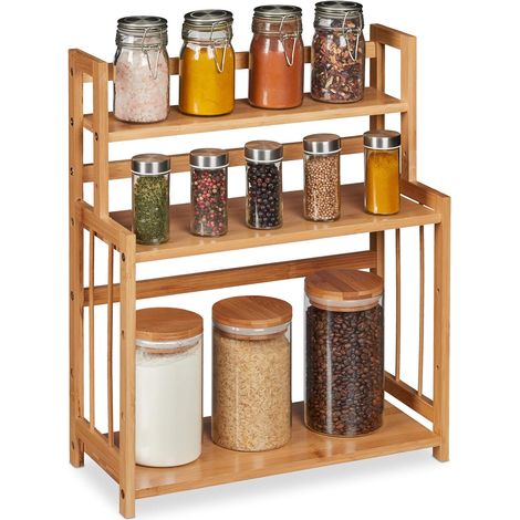 1 - Étagère à épices - Organiseur de cuisine - 3 niveaux réglables en hauteur - Rangement pour bouteilles et boîtes - Cuisine ou bureau - Nature - 50x41,5x18 cm