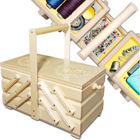 Caja de costura de madera, contenedor de hilo, accesorios de costura, tallada (1/5)