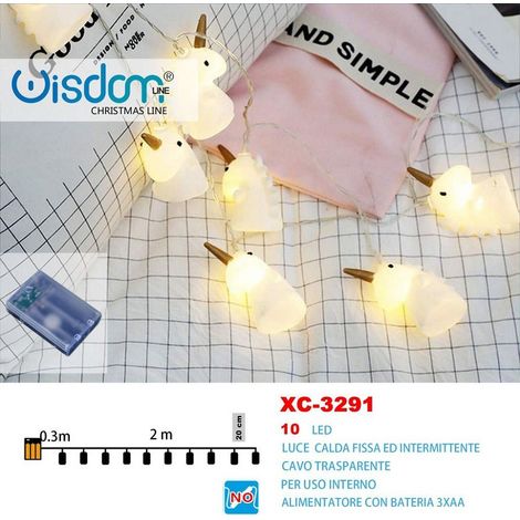 Trade Shop - Catena Luminosa Unicorni 10led A Batteria Luce Calda Fissa+intermittente Xc-3291 -