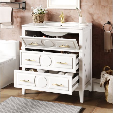 Meuble sous vasque salle de bain blanc 81 cm avec vasque céramique, 3 tiroirs soft-close, style rétro, pieds hauts 12 cm, MDF, pour un rangement élégant  CHICFURN (1/5)