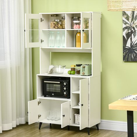 Mobile da cucina con 3 ante, nicchie, ripiani regolabili, ante in vetro, sistema di gestione dei cavi, 90x40x180 cm, bianco (1/5)