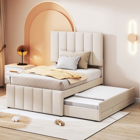 Lit simple 90x200 cm avec tiroir coulissant et espaces de rangement, revêtement en lin doux pour la peau, sommier bas, lit pour enfant, adolescent ou invité (Beige) (1/4)