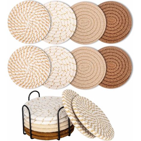 Ensemble de 8 sous-verres (avec support de rangement), absorbants, pour tables basses, ensemble minimaliste en coton tissé (1/5)